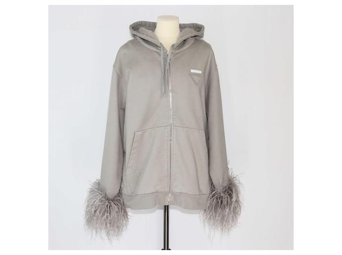 Prada Veste à capuche grise bordée de plumes Coton  ref.1393447