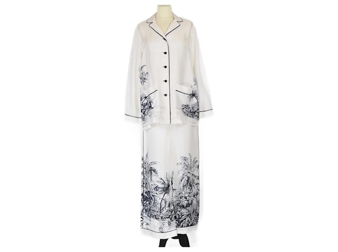 Christian Dior Conjunto de camisa y pantalón con estampado de árboles blanco / negro Seda  ref.1393468