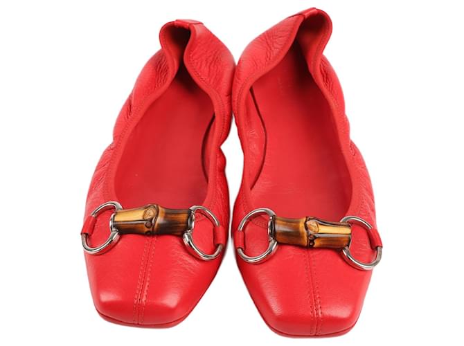 Gucci Red Leather Bamboo Ballet Flats in Size 37 EU  ref.1393502