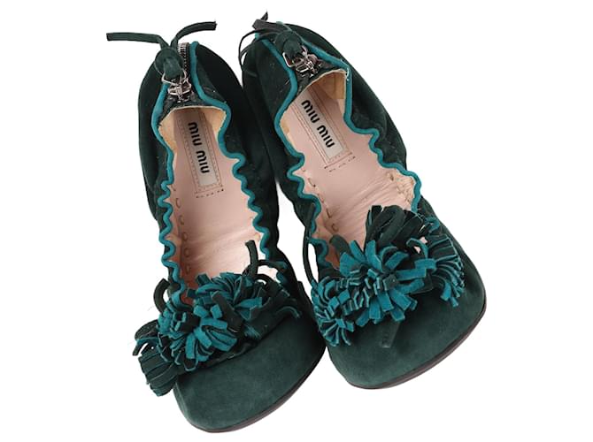 Miu Miu Dark Green Suede Fringe Bow Scrunch Ballet Flats 5F8189 F005  ref.1393507