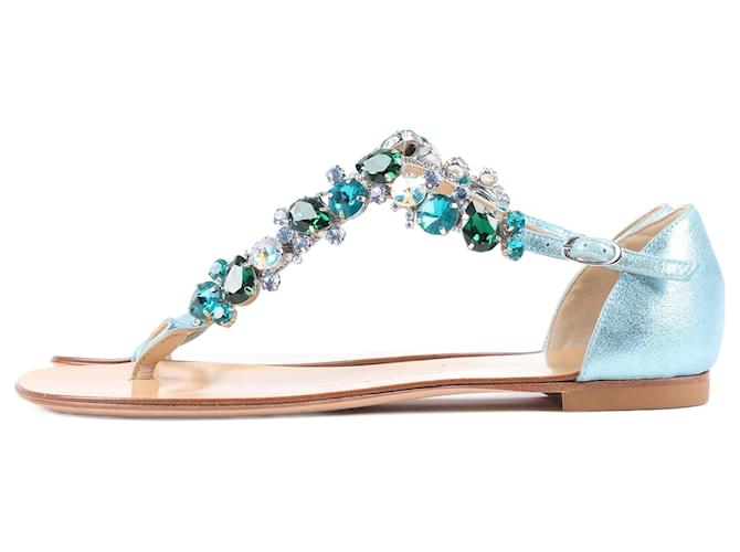 Giuseppe Zanotti Turquoise Jewel Embellished Flat Sandals in Size 37.5 EU Blue Leather  ref.1393514