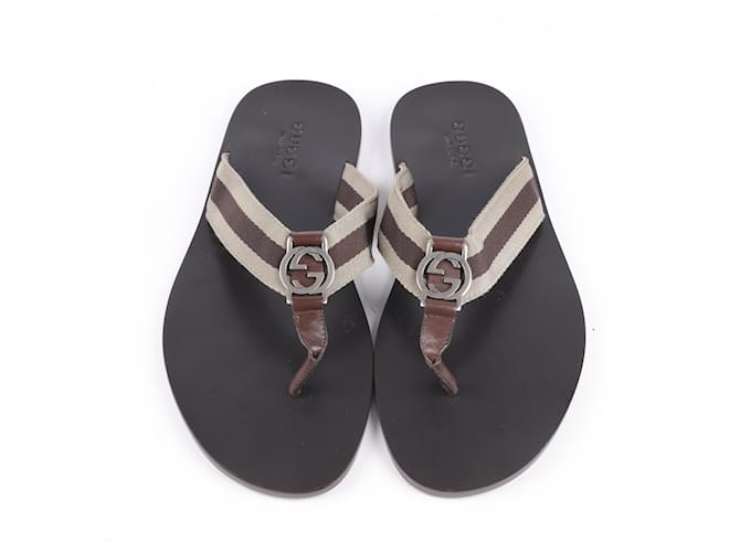 Gucci Nylon Calfskin Web Thong Sandals in Size 42 EU in Cocoa Brown Leather  ref.1393515