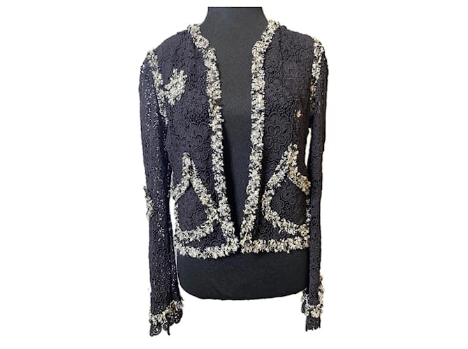 Veste en crochet Camélia Chanel 04P noir et blanc avec finitions en tweed, taille 38. Coton Multicolore  ref.1393526