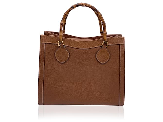 Gucci Vintage Tan Brown Leather Bamboo Princess Diana Tote Bag  ref.1393536