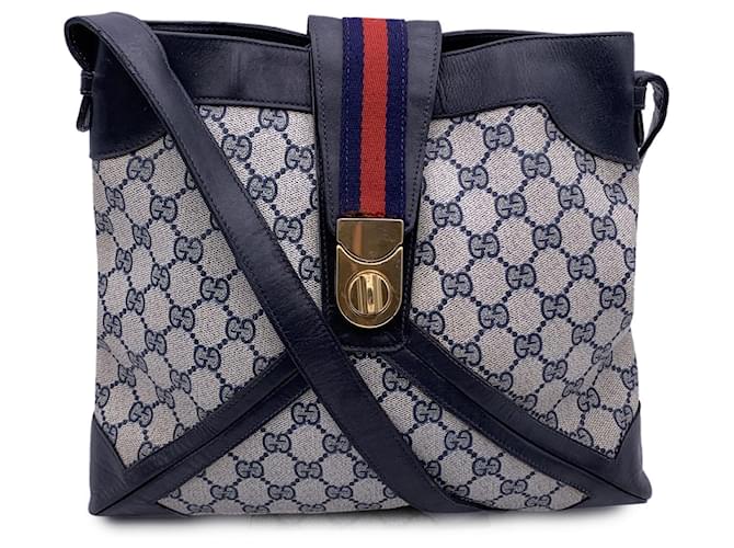 Gucci Vintage Blue Monogram Canvas Shoulder Bag with Stripes Cloth  ref.1393542
