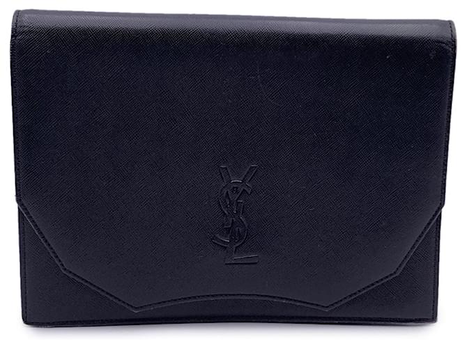 Yves Saint Laurent Bolsa tipo clutch de couro preto vintage com logotipo YSL  ref.1393543