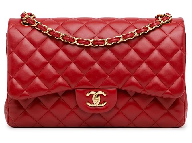 Chanel Red Jumbo Classic Lambskin Double Flap Leather  ref.1393598
