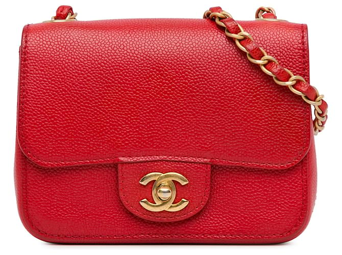 Chanel Red Mini Square Classic Caviar Single Flap Leather  ref.1393619