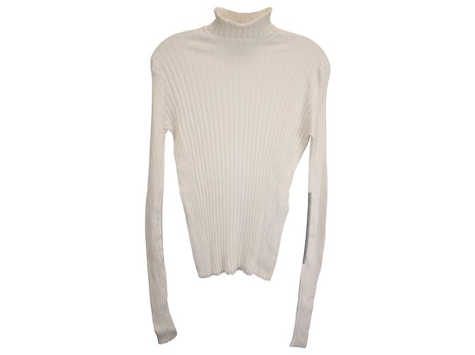 Victoria Beckham Turtleneck Long-Sleeve Ribbed-Knit Sweater in White Wool Cream