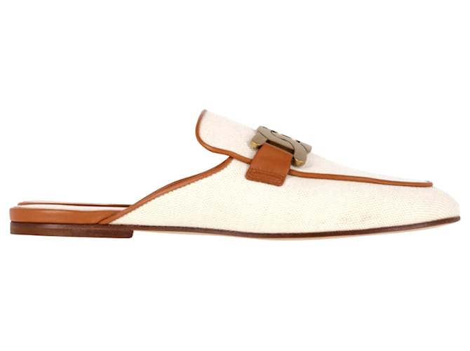 Tod's Chain Embellished Mules in Beige Canvas and Brown Leather Cloth  ref.1393716
