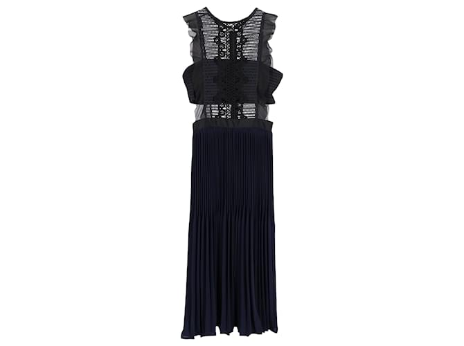 Self portrait Self-Portrait Sleeveless Pleated Lace Dress in Navy Blue Polyester  ref.1393724