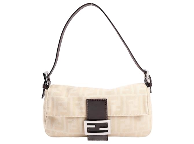 FENDI Sac à bandoulière baguette en toile et cuir Zucchino en beige  ref.1393930