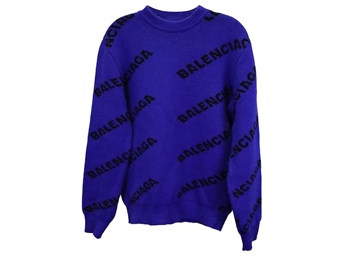 Balenciaga Overall Logo Crewneck Sweater in Blue Wool  ref.1393959