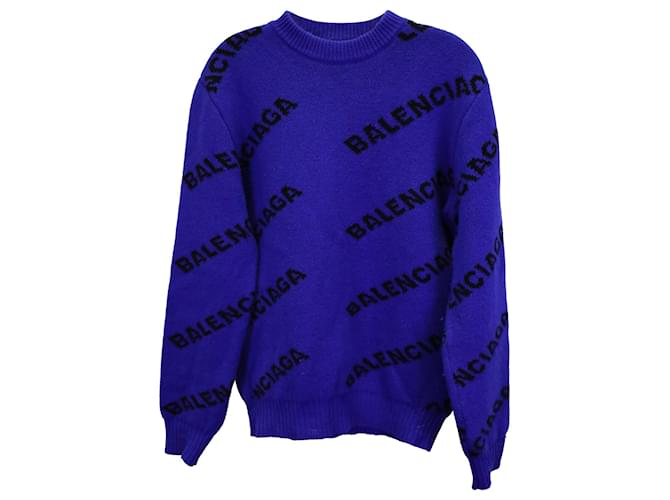 Balenciaga Overall-Pullover mit Rundhalsausschnitt und Logo aus blauer Wolle  ref.1393959