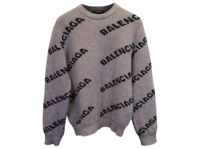 Balenciaga Pull à col rond avec logo en laine grise  ref.1393975