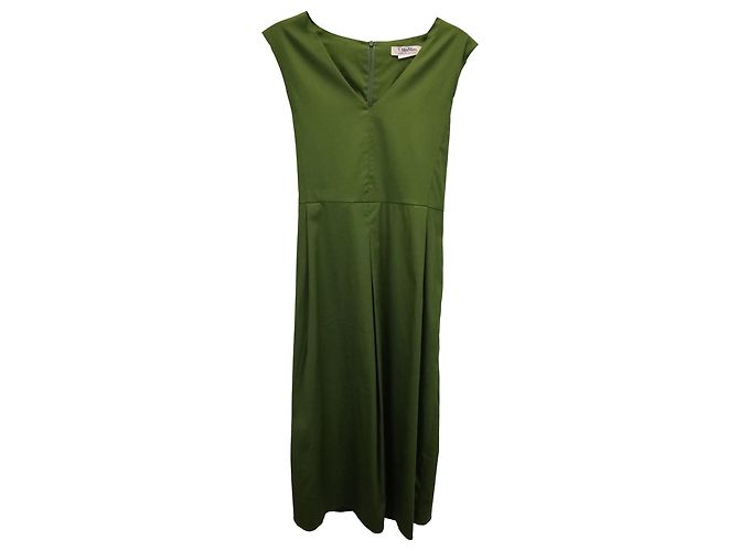 Max Mara V-neck Flared Midi Dress in Green Cotton