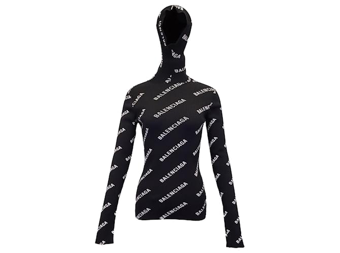Balenciaga Allover Logo Hooded Sweater in Black Cotton  ref.1393995