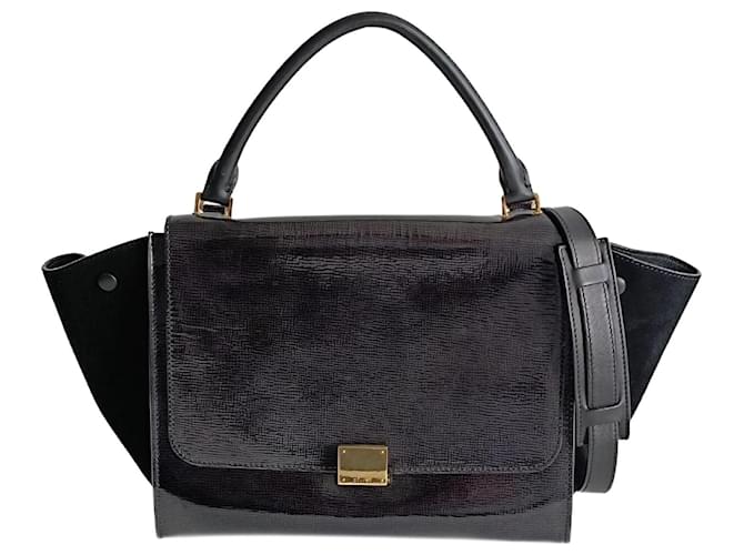 Sac Céline Trapèze en cuir vernis noir et daim  ref.1394015