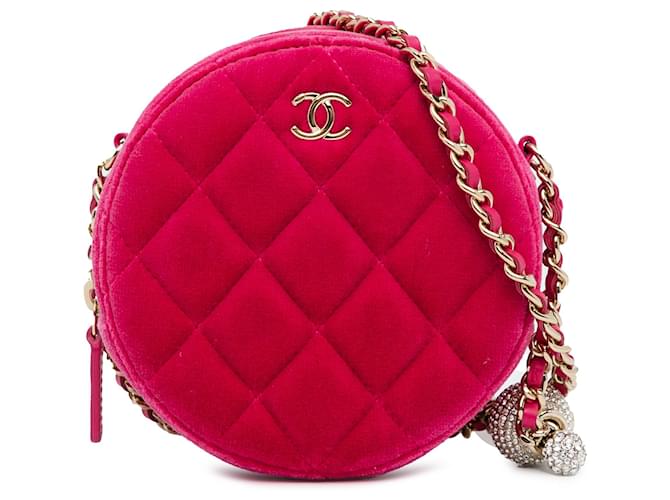 Chanel Pochette rotonda in velluto rosa con perle schiacciate con catena Panno  ref.1394159