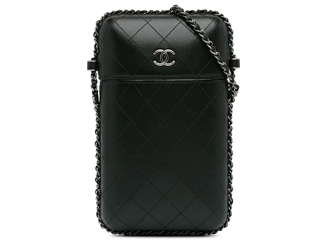 Chanel Soporte para teléfono con cadena alrededor de piel de cordero acolchada CC negra Negro Cuero  ref.1394187