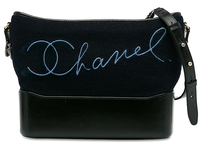 Chanel Blue Medium Paris-Hamburg Embroidered Gabrielle Hobo Navy blue Leather Wool Pony-style calfskin Cloth  ref.1394198