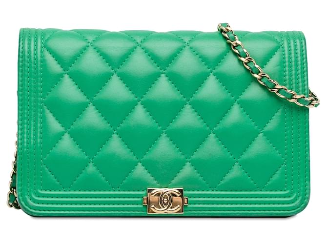 Chanel Green Lambskin Boy Wallet On Chain Leather  ref.1394209