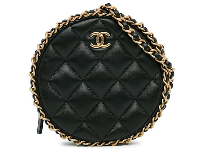 Chaîne ronde en cuir d'agneau matelassé CC noir Chanel autour de la pochette avec chaîne  ref.1394215