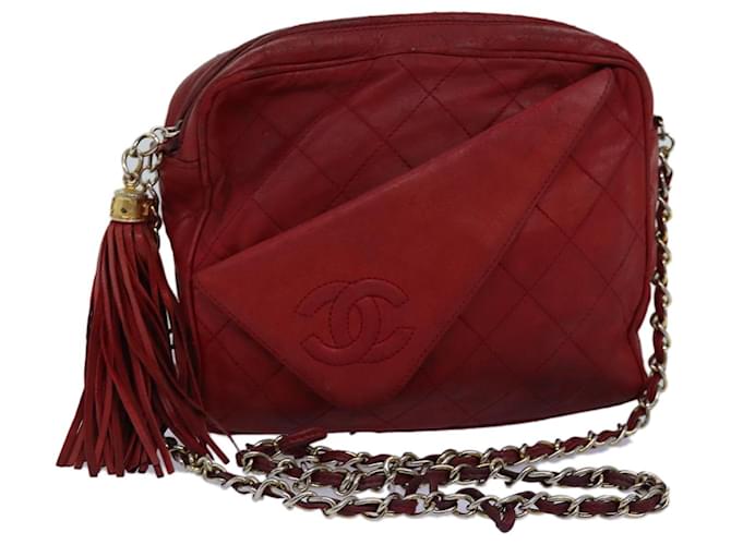 CHANEL Bolsa de Ombro com Corrente Matelassê Pele de Cordeiro Vermelho CC Auth bs14220  ref.1394356