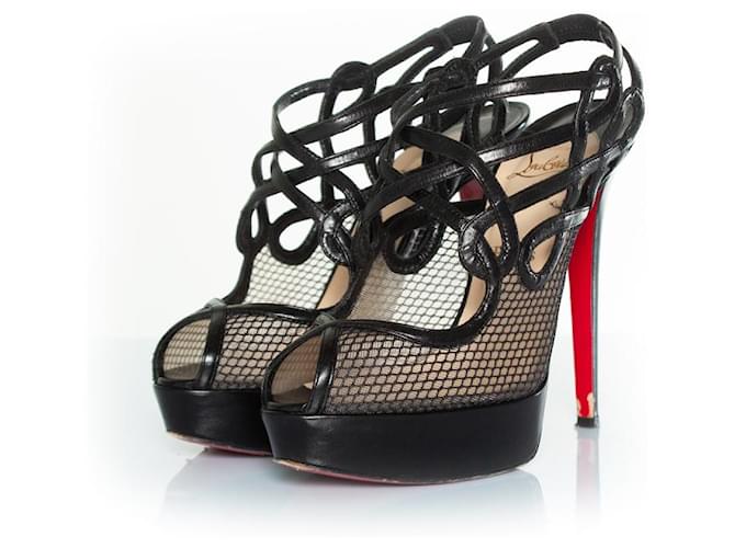 Christian Louboutin, Branda slingback fishnet heels. Black Leather  ref.1394390