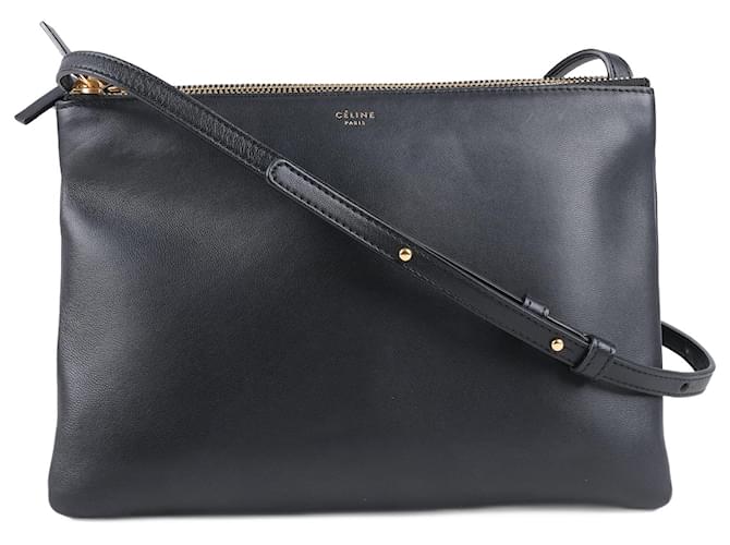 Céline Celine Bolsa Trio Grande Crossbody em Preto Couro  ref.1394411