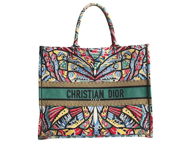 Christian Dior Große, mehrfarbige Tragetasche mit Schmetterlingsmotiv Mehrfarben Leinwand  ref.1394496