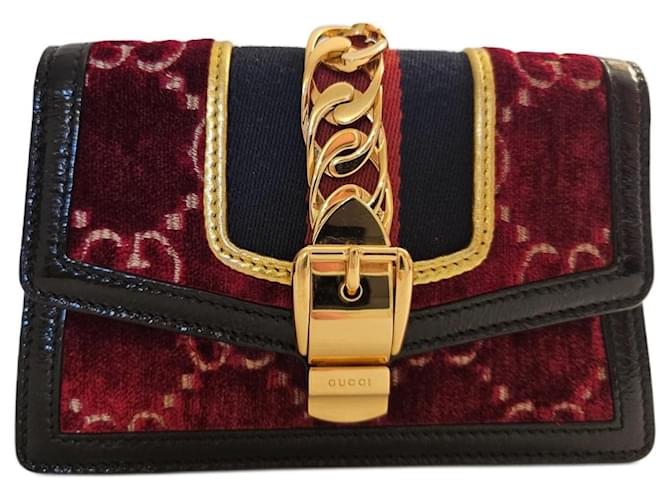 GUCCI Velvet GG Monogram Super Mini Sylvie Black Dark red Leather Metal  ref.1394408