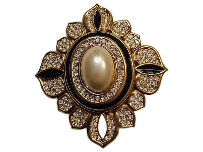 Vintage Christian Dior Gold Plated Pearl Crystal Brooch and Pendant Black Beige Golden Gold-plated Enamel  ref.1394421