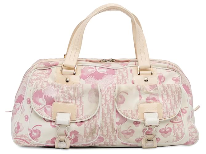 Borsa a bombetta Dior White Oblique Girly Cherry Blossom Rosa Bianco Pelle Pelle verniciata Tela Panno  ref.1394562