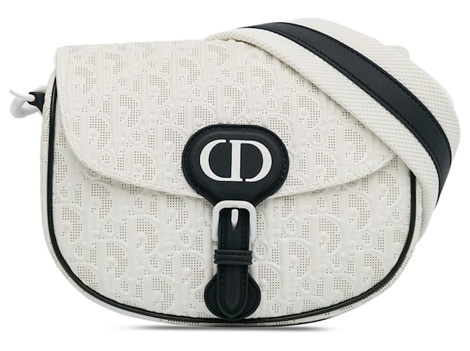 Dior White Medium Perforated Calfskin Oblique Bobby Flap Leather Pony-style calfskin  ref.1394581