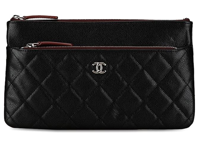 Chanel Black Caviar Double Zip Cosmetic Case Leather  ref.1394604