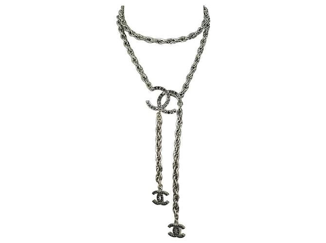 NUOVA COLLANA CINTURA CHANEL CATENA LOGO CC CINTURA STRASS NERO COLLANA T85 Argento Acciaio  ref.1394646