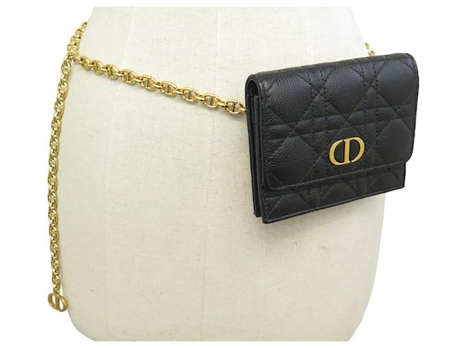 NEW CHRISTIAN DIOR BAG CARO BELT CHAIN BLACK CANNAGE LEATHER BELT POUCH  ref.1394651