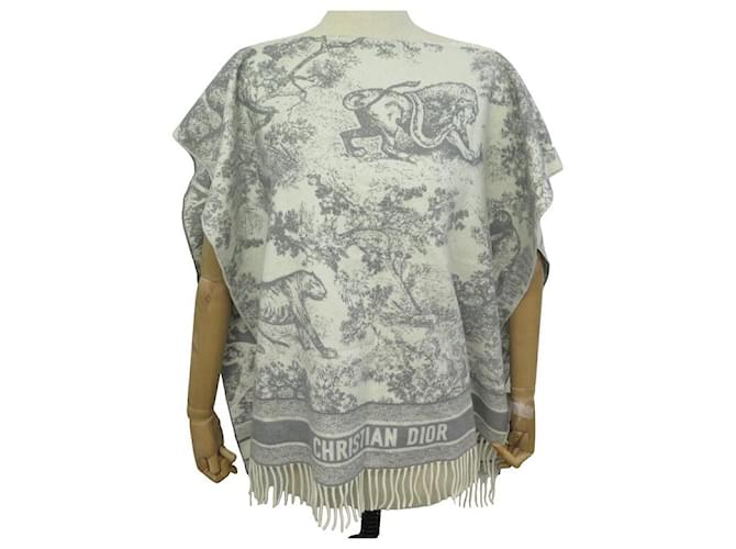 NEUF PONCHO CHRISTIAN DIOR TOILE DE JOUY EN CACHEMIRE GRIS ET BLANC HAUT  ref.1394670