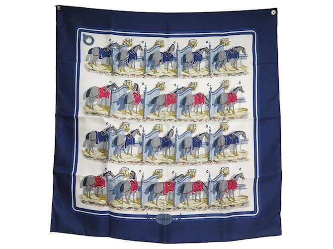 Hermès HERMES ECURIES HUGO GRYGKAR SILK SCARF BLUE SQUARE 90 SILK SCARF + BOX Navy blue  ref.1394702