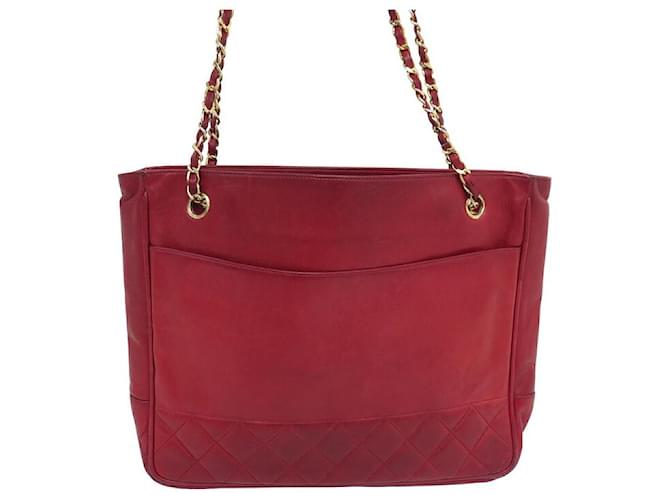 BOLSA VINTAGE CHANEL TOTE SHOPPING BOLSA DE MÃO DE COURO ACOLCHOADO VERMELHA Vermelho  ref.1394711