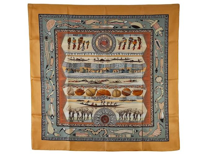 Hermès Hermes Carre 90 Vie Du Fleuve Silk Scarf Canvas Scarf en bon état Toile  ref.1394736