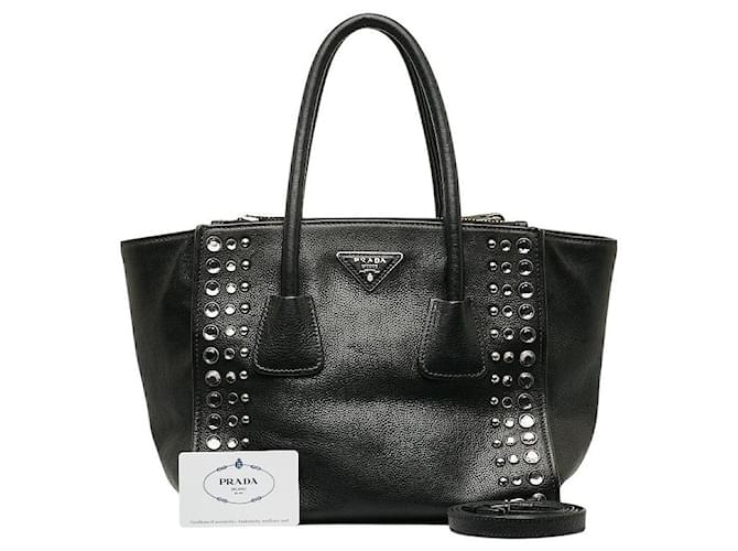 Tote Bolsa de couro Prada com tachas de couro com bolso duplo B2625O em bom estado  ref.1394777