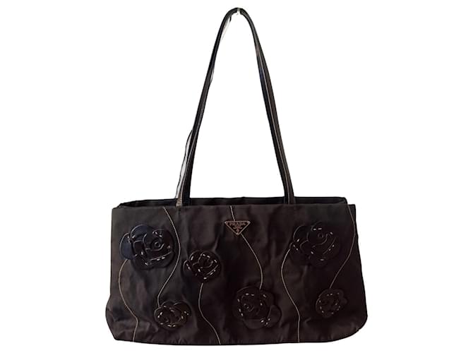 Vintage Prada 1990s Nylon Handbag with Leather Flower Appliqué Black  ref.1394823