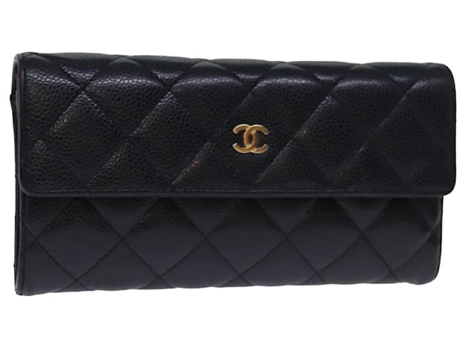 CHANEL Matelasse Lange Geldbörse Kaviarhaut Schwarz CC Auth yk12519  ref.1394946