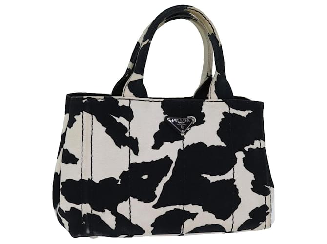 PRADA Cow Pattern Canapa PM Hand Bag Canvas 2way White Black Auth yk12633 Cloth  ref.1394965