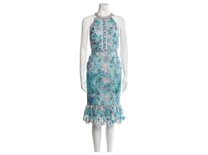 Marchesa Lace dress with mermaid flounce Multiple colors Turquoise  ref.1395466