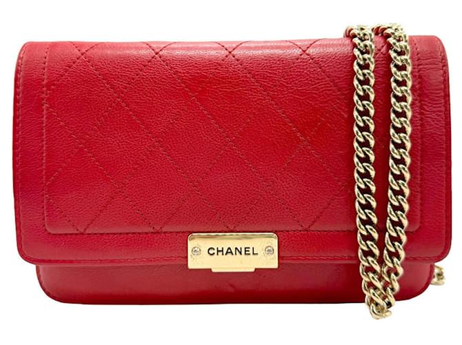 Cartera Chanel En Cadena Roja Cuero  ref.1395532