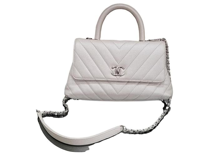 Bolsa Chanel Small 24cm Coco Handle em Chevron Quilted Pearly White Caviar. Branco Couro  ref.1395548