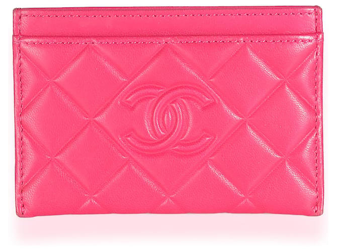Porte-cartes CC en cuir d'agneau matelassé rose Chanel avec point de diamant  ref.1395766